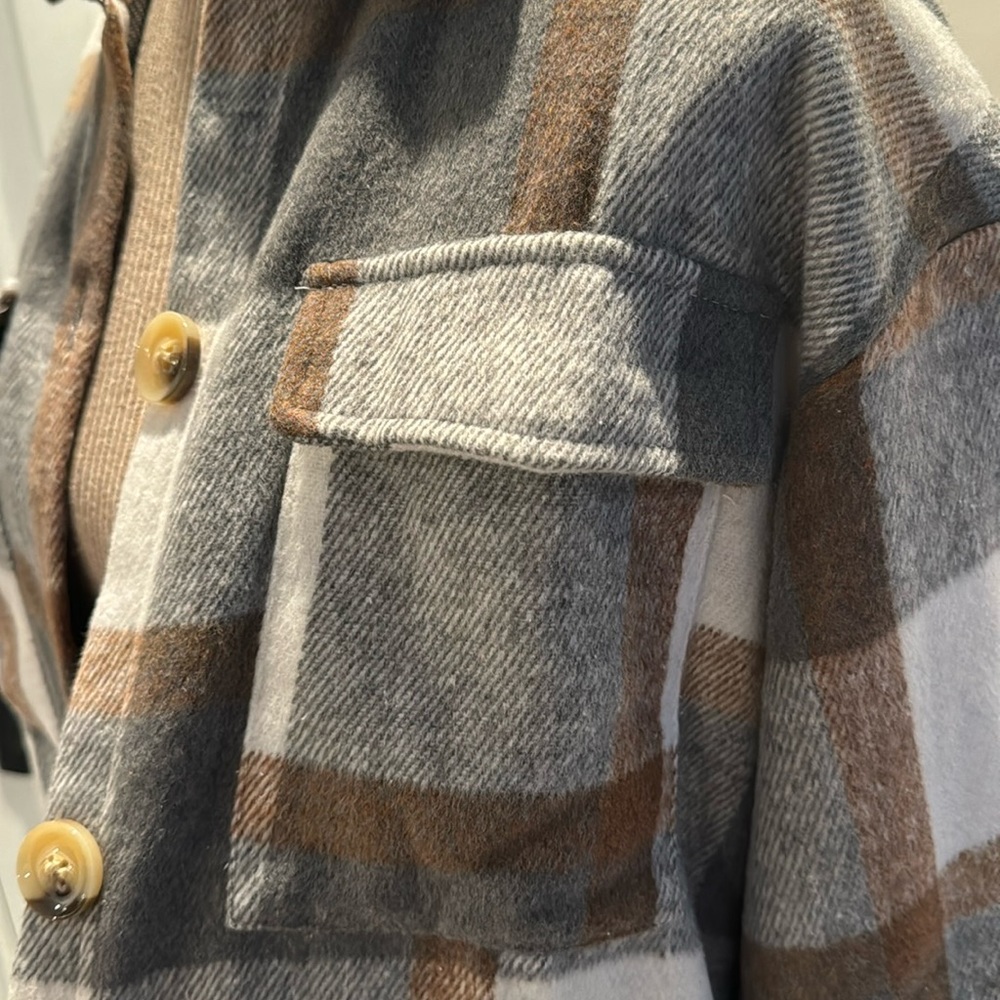 207. Plaid Print Shacket Jacket,Button Front Long Sleeve Mid Length - Picture 9 of 10